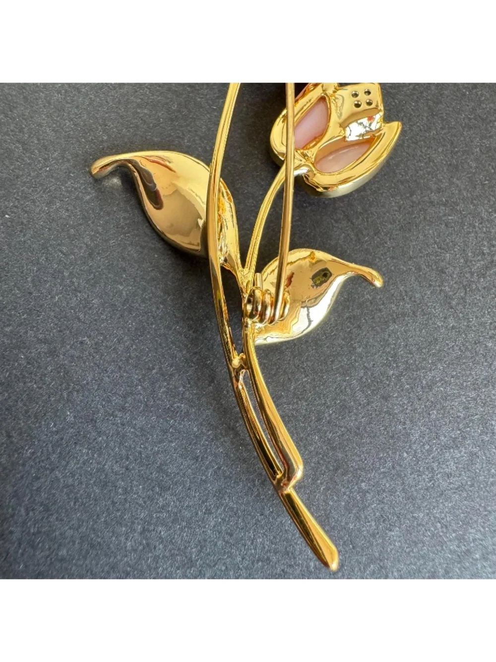 Pink Tulip Brooch Gold Tone Floral Pin Brushed Metal Leaves Romantic Gift